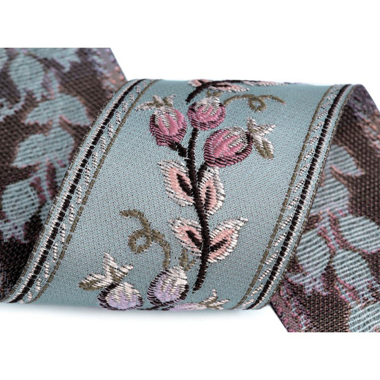 Panglică cu motiv floral țesut metraj, lățime 60 mm - Bej deschis (1 Metru)