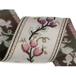 Panglică cu motiv floral țesut metraj, lățime 60 mm - Bej deschis (1 Metru)
