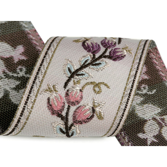 Panglică cu motiv floral țesut metraj, lățime 60 mm - Bej deschis (1 Metru)