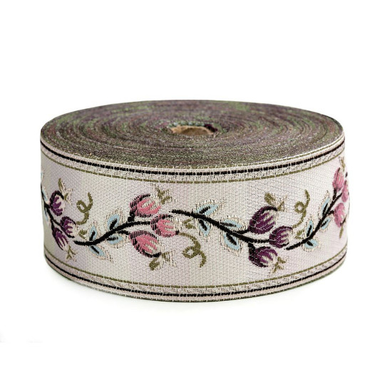 Panglică cu motiv floral țesut metraj, lățime 60 mm - Bej deschis (1 Metru)