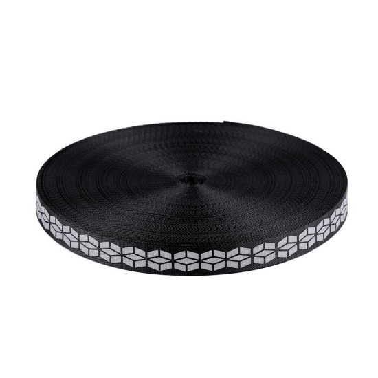 Chingă cu imprimeu reflectorizant, lățime 20 mm - Negru (1 Metru) Chingă cu imprimeu reflectorizant, lățime 20 mm - Negru (1 Metru)