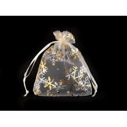 Săculeț organza cu fulgi de nea, 9x12 cm - Crem foarte deschis (10 Bucăți)