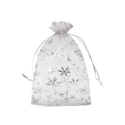 Săculeț organza cu fulgi de nea, 13x18 cm - Gri foarte deschis (10 Bucăți)