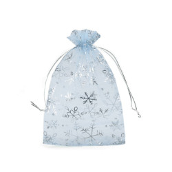 Săculeț organza cu fulgi de nea, 13x18 cm - Bleu gheață (10 Bucăți)