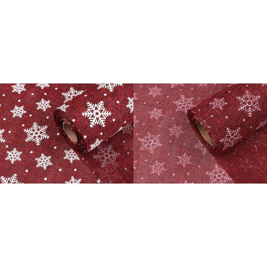 Imitație iută, imprimeu fulgi de nea, lățime 48 cm - Bordo deschis (5 Metri) Imitație iută, imprimeu fulgi de nea, lățime 48 cm - Bordo deschis (5 Metri)
