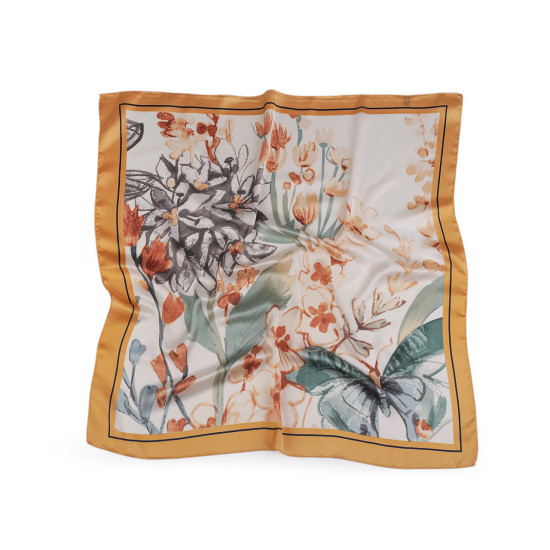 Batic / eșarfă din satin flori si fluture 70x70 cm - Maro bronz (2 Bucăți) Batic / eșarfă din satin flori si fluture 70x70 cm - Maro bronz (2 Bucăți)