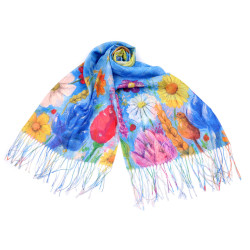 Eșarfă/șal cu franjuri flori pictate 70x175 cm - Albastru azur (1 Bucată)
