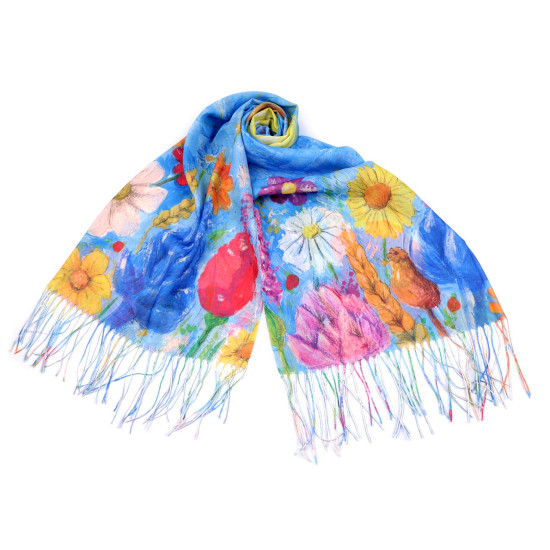 Eșarfă/șal cu franjuri flori pictate 70x175 cm - Bleu pal (4 Bucăți) Eșarfă/șal cu franjuri flori pictate 70x175 cm - Bleu pal (4 Bucăți)