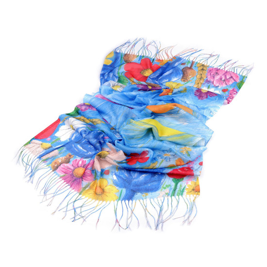 Eșarfă/șal cu franjuri flori pictate 70x175 cm - Bleu pal (4 Bucăți) Eșarfă/șal cu franjuri flori pictate 70x175 cm - Bleu pal (4 Bucăți)