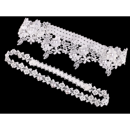 Set jartiere de nunta din dantela cu perle - Alb (1 Set) Set jartiere de nunta din dantela cu perle - Alb (1 Set)