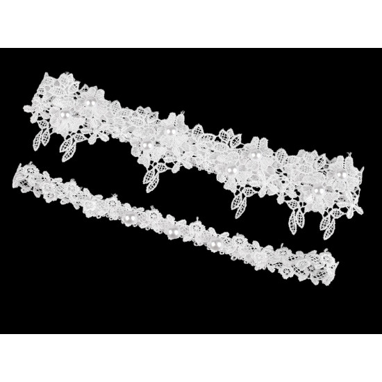 Set jartiere de nunta din dantela cu perle - Alb (1 Set) Set jartiere de nunta din dantela cu perle - Alb (1 Set)