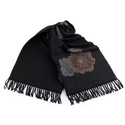 Eșarfă tip cașmir cu franjuri, flori 70x190 cm - Negru (1 Bucată)