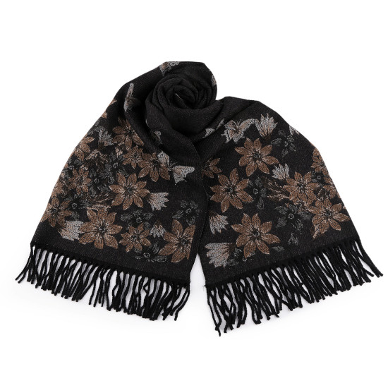 Eșarfă tip cașmir cu franjuri, flori 70x190 cm - Negru (3 Bucăți) Eșarfă tip cașmir cu franjuri, flori 70x190 cm - Negru (3 Bucăți)