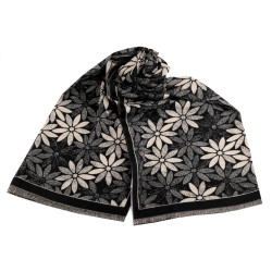 Eșarfă tip cașmir cu franjuri, flori 60x180 cm - Negru (1 Bucată)