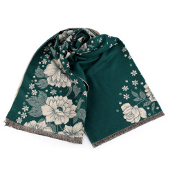 Eșarfă tip cașmir cu franjuri, flori 68x180 cm - Verde închis (1 Bucată)