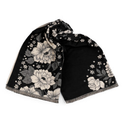 Eșarfă tip cașmir cu franjuri, flori 68x180 cm - Negru (1 Bucată)