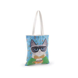 Sacosa textila din bumbac pisica  34x40 cm - Albastru azur (1 Bucată)