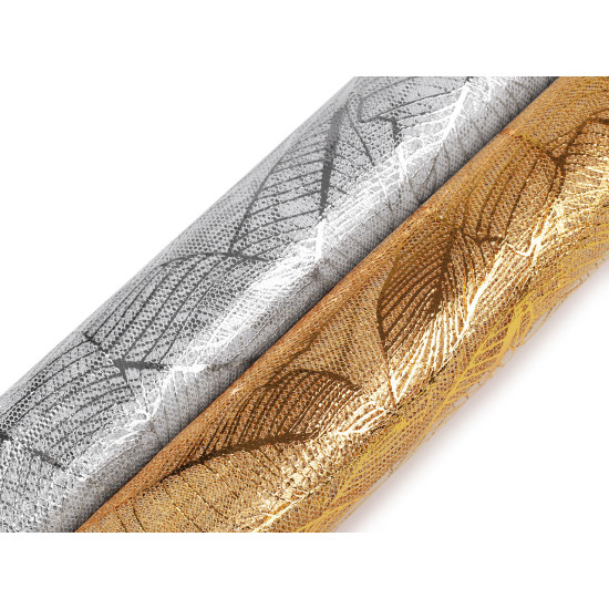 Tul decorativ cu frunze, efect metalizat, 48 cm - Auriu (1 Metru) Tul decorativ cu frunze, efect metalizat, 48 cm - Auriu (1 Metru)