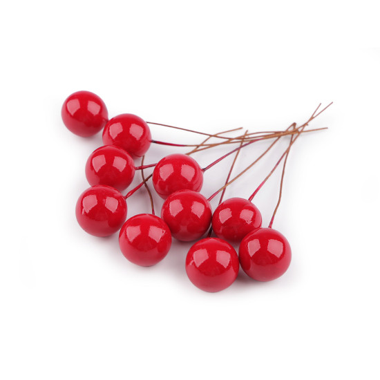 Bobițe decorative artificiale pe sârmă ø1,5 cm - Roșu (10 Bucăți)