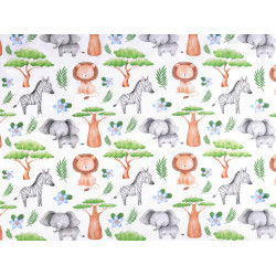 Țesătură / pânză din bumbac animale safari - Alb (1 Metru)