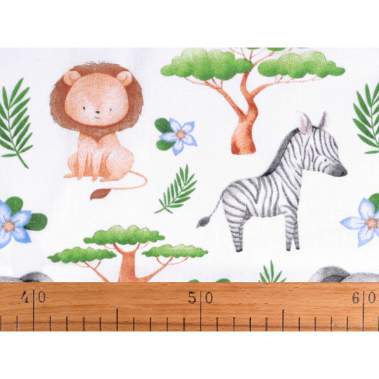 Țesătură / pânză din bumbac animale safari - Alb (1 Metru)