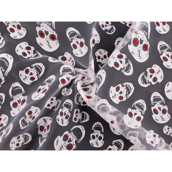 Organza halloween / cranii cu sclipici - Negru (1 Metru)