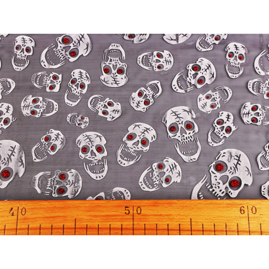 Organza halloween / cranii cu sclipici - Negru (1 Metru)