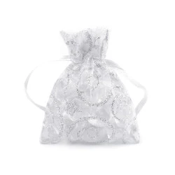 Săculeț organza cu sclipici, 6,5x9 cm (pachet 10 Buc.) - alb - argintiu