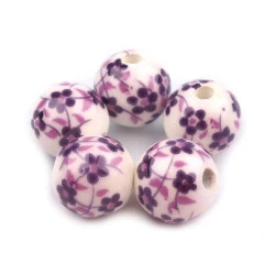 Mărgele porțelan, motiv floral, ø12 mm - Mov închis (10 Bucăți)