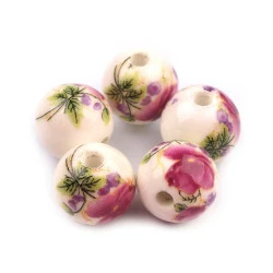 Mărgele porțelan, motiv floral, ø12 mm - Vișiniu fuchsia (10 Bucăți)
