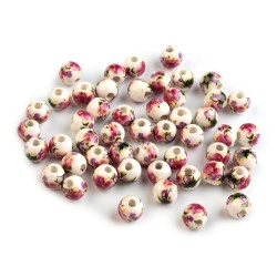 Mărgele porțelan, motiv floral, ø6 mm - Vișiniu fuchsia (10 Bucăți)