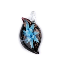 Pandantiv floare din sticla 27x51 mm - Albastru azur (1 Bucată)