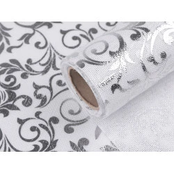 Imitație iută, imprimeu floral, lățime 24 cm - Alb (1 Metru)