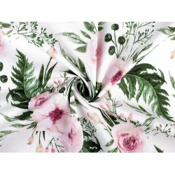 Material bumbac imprimat, motiv trandafiri - Alb (1 Metru)