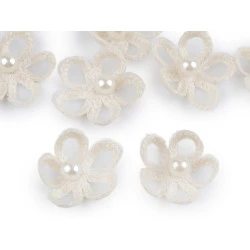 Flori din organza cu perlă, ø2,5 cm - Crem foarte deschis (10 Bucăți)