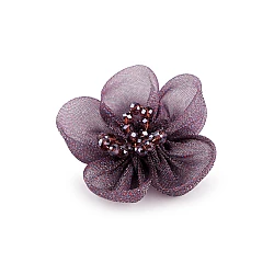 Floare din organza cu margele pentru cusut si lipit ø4,5 cm - Mov închis (2 Bucăți)