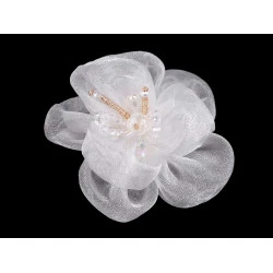 Flori din organza cu mărgele, pentru cusut si lipit ø6-7 cm - Alb (1 Bucată)