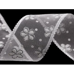 Panglica din organza cu flori si sclipici, latime 40 mm - Alb (1 Metru)