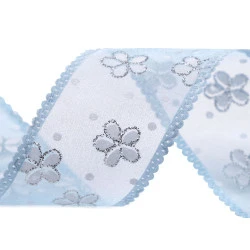 Panglica din organza cu flori si sclipici, latime 40 mm - Albastru deschis (1 Metru)