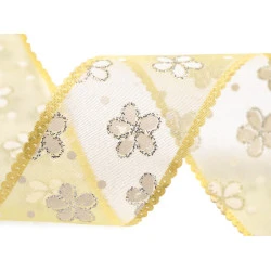 Panglica din organza cu flori si sclipici, latime 40 mm - Galben (1 Metru)