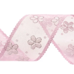 Panglica din organza cu flori si sclipici, latime 40 mm - Roz deschis (1 Metru)