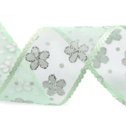 Panglica din organza cu flori si sclipici, latime 40 mm - Verde deschis (1 Metru)