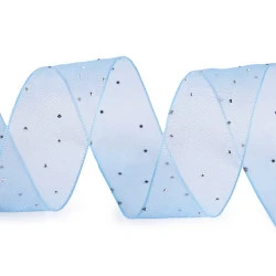 Panglică din organza cu strasuri, lățime 38 mm - Albastru deschis (1 Metru)