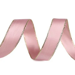 Panglică cu lurex și sârmă pe margine 24 mm - Roz vintage (20 Metri)