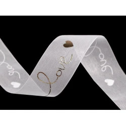 Panglica organza cu imprimeu metalic love, latime 25 mm - Alb (45 Metri)