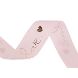 Panglica organza cu imprimeu metalic love, latime 25 mm - Roz pudrat (45 Metri)