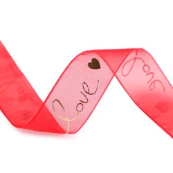 Panglica organza cu imprimeu metalic love, latime 25 mm - Roșu (45 Metri)