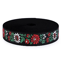 Elastic lat cu motiv floral, lățime 40 mm - Negru (1 Metru)