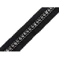Bandă decorativă / galon cu strasuri, lățime 15 mm - Negru (1 Metru)