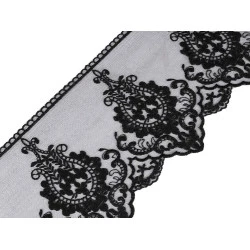Dantelă brodată pe organza, lățime 15 cm - Negru (1 Metru)